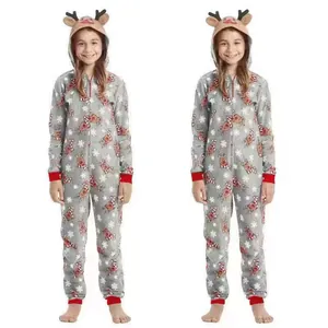 Detailed view of kids Christmas hooded onesie with reindeer and snowflake prints