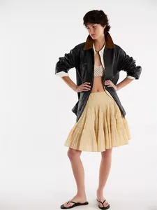 Elegant high-waisted beige tiered cake skirt with layered lace detailing for summer fashion