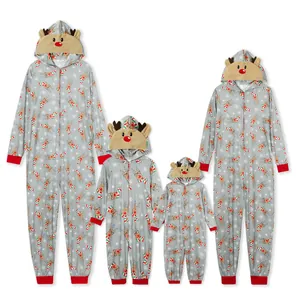 Cozy grey Christmas family onesies with reindeer hood and festive prints