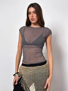 Elegante top gris transparente de manga corta para mujer en estilo francés