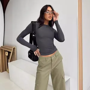 Women's slim fit long sleeve round neck solid charcoal grey basic ribbed t-shirt