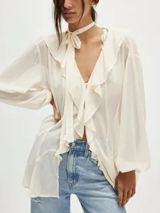 Camicetta da Donna in Stile Francese con Scollo a V e Volant Lacci Manica Lunga Chiffon Trasparente Top Elegante Moda Primavera Estate