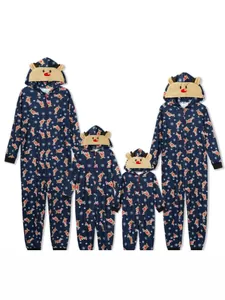 Matching family Christmas hooded onesies set featuring cute reindeer and snowflake prints