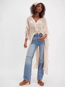 Women Bohemian Ruffle Cardigan Cover Up Polyester Sheer Flounce Sleeve V-Neck Long Beachwear Loose Resort Wear Clothing Top