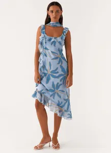 Light blue floral ruffled asymmetrical midi dress with matching scarf detail for summer