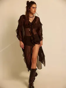 Sheer dark brown ruffled beach cover-up cardigan with long sleeves and bohemian style