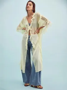Elegant light yellow sheer long sleeve ruffled cardigan beach cover-up for summer