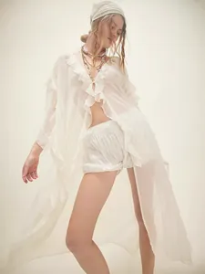 Elegant white long sleeve ruffled chiffon beach cover up cardigan for summer beachwear