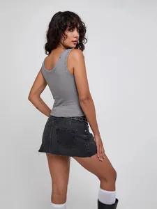 Slim fit grey ribbed U-neck tank top featuring metal eyelet trim and sleeveless design