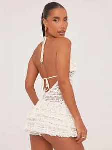 White lace halter ruffled mini dress with open back and tiered skirt for women