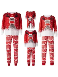 Set Pigiama Coordinato per la Famiglia di Natale Cartone Animato Renna Fiocco di Neve Stampato Rosso Top E Pantaloni per Papà Mamma Bambini