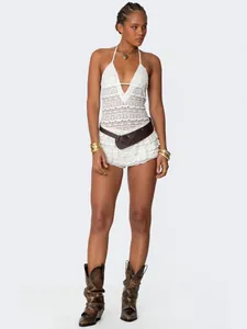 Dames Sexy Kant Halter V-hals Romper Open Rug Ruffle Zoom Jumpsuit Mouwloos Boheems Zomer Mode Party Outfit
