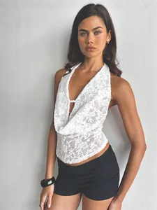 Top da Donna Sexy in Pizzo ad Americana Scollo a V Profondo Senza Schienale Uncinetto Floreale Gilet Senza Maniche per Feste Clubwear