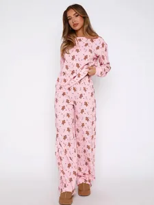 Women Christmas Gingerbread Man Candy Cane Printed Loungewear Polyester Long Sleeve Top And Bottom Casual Pink Pajama