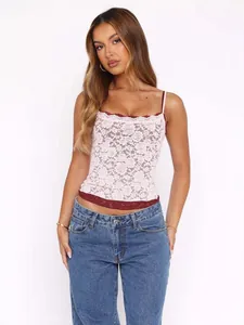Europe America Style Women Sexy Lace Jacquard Camisole Top 2025 New Slim Fit Contrast Floral Embroidery Sleeveless Top