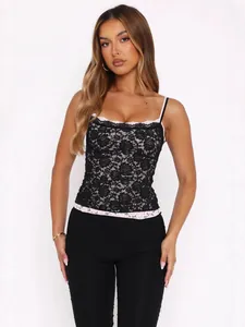 Damen Sexy Spitzen Spleißen Camisole Top Schwarz Slim Fit Spaghettiträger Crop Top Für Party Dating