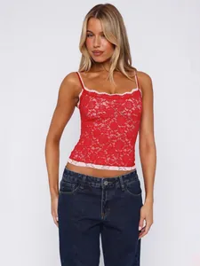 Women's elegant red floral lace camisole tank top with delicate white lace trim