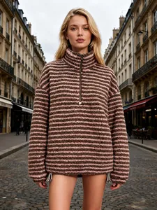 Modischer gestreifter Fleece-Pullover für Damen mit Reißverschluss in Übergröße