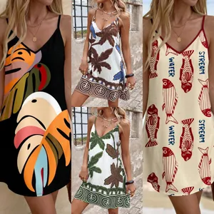 Summer V-neck floral slip dresses with tropical leaf and fish prints for beach vacations