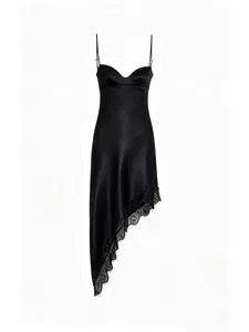 Elegant sexy black satin camisole dress with lace trim and asymmetrical hem for women