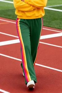 Close-up of green track pants with vibrant pink and orange side stripes on a running track.