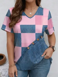 Detail view of V-neck summer T-shirt with pink and denim-textured checkerboard print