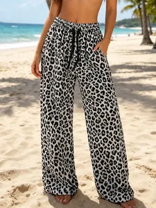 Sexy leopard print wide-leg lounge pants for beach vacations and yoga activities.