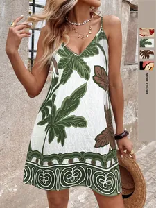 Close-up of a floral V-neck summer slip dress for beach vacations and resort wear