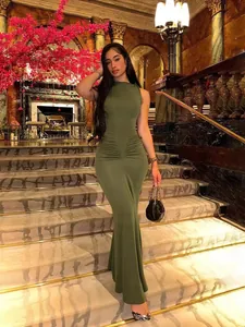 Vestito Lungo Bodycon Sexy da Donna Senza Maniche Collo Alto Slim Fit Poliestere Elastan Increspato per Festa Serale Club