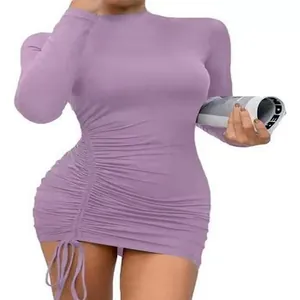 Purple high neck long sleeve ruched mini dress featuring adjustable side drawstring details.