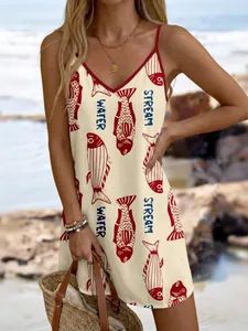 Women's Summer V-Neck Spaghetti Strap Floral Print Mini Dress Sleeveless Beach Vacation Loose A-Line Short Dress Sundress