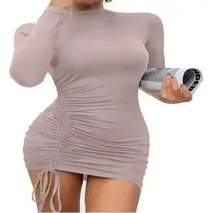 Close-up of high neck purple long sleeve ruched dress with side drawstring detail.