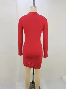 Detailed back view of a red long-sleeved high-neck bodycon mini dress on a mannequin.