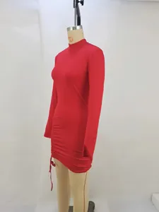 Elegant red long-sleeve bodycon mini dress with high neck and side ruched drawstring