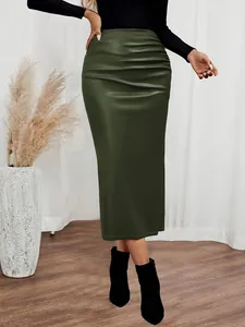 Elegant olive green PU leather midi skirt with ruched waist detail and slim fit design