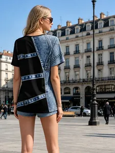 Women's summer T-shirt with realistic denim print and patchwork design