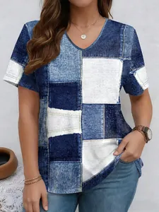 Detailed view of women's V-neck t-shirt with a realistic denim patchwork print