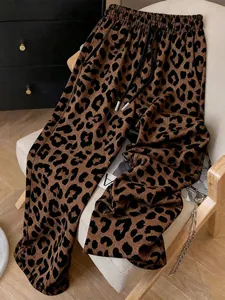 Detailed view of leopard print casual yoga pants with elastic drawstring waist
