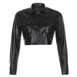 Elegante giacca corta in ecopelle nera da donna con maniche lunghe e tasche frontali