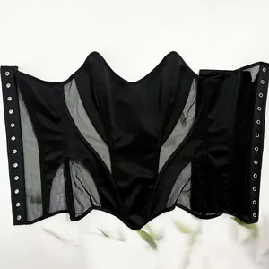 Detailansicht eines schwarzen Fischbein-Mesh-Korsett-Tops mit eleganten Satin-Einsätzen