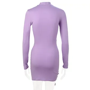 Back view of a sleek purple long-sleeved bodycon mini dress with a high neckline