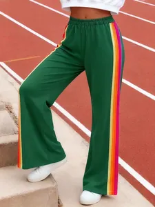 Women's green wide-leg trousers with rainbow side stripes for casual sport fashion