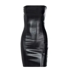 Sexy black faux leather tube bodycon mini dress with shiny finish for women