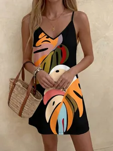 Summer tropical floral print V-neck camisole beach dress with elegant drape style