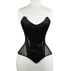 Schwarzes Korsett-Oberteil mit Katzenaugen-Design, Mesh-Einsätzen und Satin-Finish