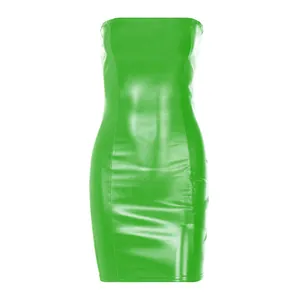 Robe bustier sexy vert citron en similicuir brillant pour femmes, style mini tube