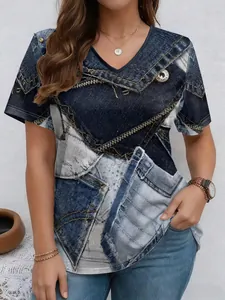 Close-up detail of a chic women's V-neck T-shirt with vintage denim patchwork print style.