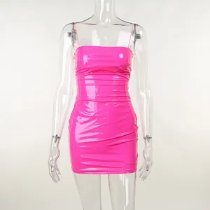 Detailed view of a glossy pink PU leather bodycon mini dress on a clear mannequin