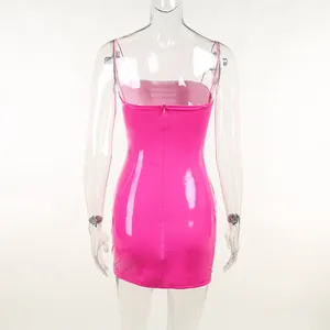 Detailed back view of a sexy hot pink shiny PU leather mini bodycon dress with zipper detail