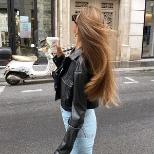 Giacca corta in pelle PU nera da donna, look street style alla moda e sofisticato